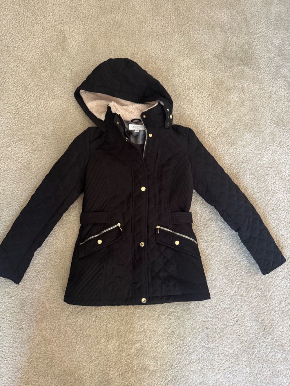 Quilted Black Women’s Hooded Coat with Faux-Sherpa Lining